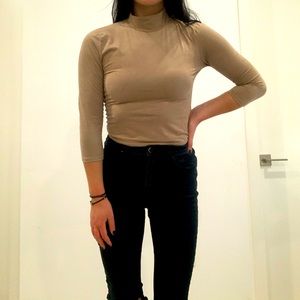 Faux Suede Tan Turtle Neck with 3/4 Sleeves